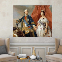 Load image into Gallery viewer, Portrait of a couple dressed in historical royal attires hangs on a white wall near two beige armchairs