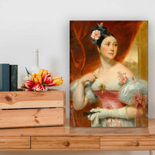Load image into Gallery viewer, Portrait of a woman with dark hair wearing a royal pink dress stands on a wooden table next to flowers