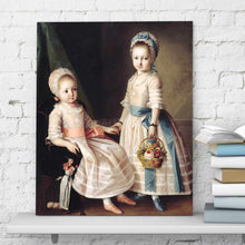 Load image into Gallery viewer, Portrait of two little girls dressed in white royal dresses stands on a white shelf near books