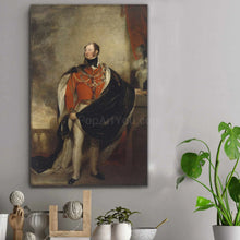 Load image into Gallery viewer, A portrait of an elderly man dressed in hisrorical royal clothes hangs on the gray wall above the thread stands