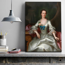 Load image into Gallery viewer, Portrait of a woman with dark hair wearing a regal white dress stands on a wooden gray table