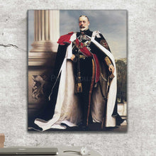 Load image into Gallery viewer, A portrait of an elderly man dressed in a royal costume hangs over the table