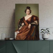 Load image into Gallery viewer, Portrait of a woman with dark hair wearing a regal bronze dress stands on a green table next to a flower