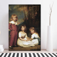 Load image into Gallery viewer, Portrait of three girls dressed in historical royal attires stands on the floor near a white vase