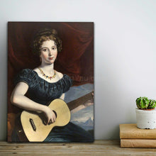 Load image into Gallery viewer, Portrait of a woman with a guitar dressed in a royal dress stands on a wooden table