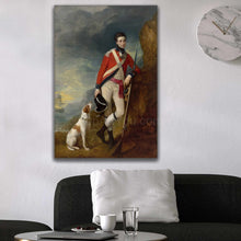 Load image into Gallery viewer, On the white wall next to the clock hangs a portrait of a man dressed in historical officer's clothing