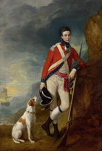 Load image into Gallery viewer, The portrait shows a man standing next to a dog dressed in an officer's suit
