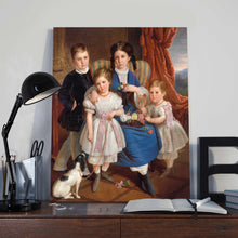 Load image into Gallery viewer, Portrait of four children dressed in historical royal clothes stands on a wooden table near books