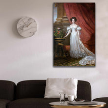 Load image into Gallery viewer, Portrait of a woman with dark hair wearing a royal white dress hanging on a white wall above the sofa