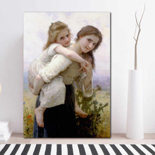 Load image into Gallery viewer, Portrait of two girls dressed in white royal dresses stands on a wooden floor near a white vase