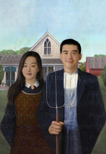 Load image into Gallery viewer, The portrait shows a young couple dressed in historical Gothic clothes standing near a house