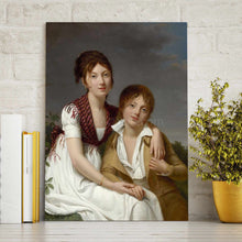 Load image into Gallery viewer, A portrait of two girls dressed in white royal dresses stands on a wooden floor near a yellow vase