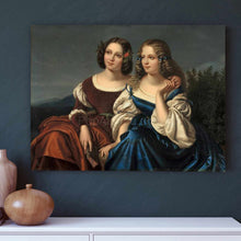 Load image into Gallery viewer, Portrait of two girls dressed in red and blue royal dresses hanging on a blue wall