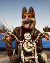 Load image into Gallery viewer, The portrait shows a biker dog with a human body riding a motorcycle
