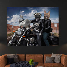 Load image into Gallery viewer, Portrait of two biker dogs riding a motorcycle hangs on a black wall above the sofa
