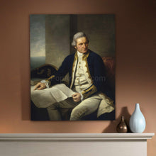 Load image into Gallery viewer, A portrait of a man with white hair dressed in royal blue clothes hangs on the beige wall above a white table