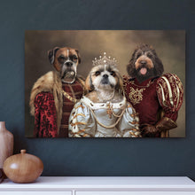 Load image into Gallery viewer, Portrait of three dogs with human bodies dressed in historical royal clothes hangs on a blue wall above a white shelf