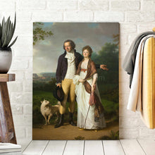 Load image into Gallery viewer, Portrait of a couple dressed in historical royal clothes standing near a dog standing on a white wooden floor