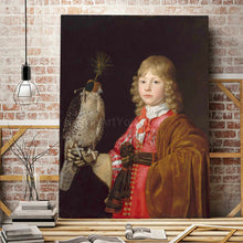 Load image into Gallery viewer, Portrait of a boy dressed in royal clothes holding a falcon in his hand is standing on a wooden shelf