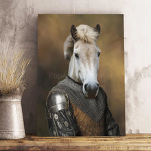Load image into Gallery viewer, Portrait of a horse with the body of a man dressed as a knight stands on a wooden shelf