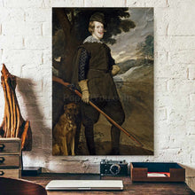 Load image into Gallery viewer, A portrait of a man standing next to a dog dressed in historical royal clothes hangs on the white brick wall above the desk