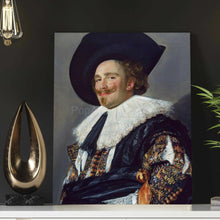 Load image into Gallery viewer, A portrait of a man in a hat dressed in blue royal clothes hangs on the gray wall next to a light bulb