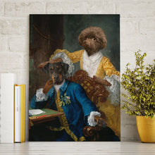 Load image into Gallery viewer, Portrait of the dog actor and his wife with human bodies stands on the wooden floor near the books