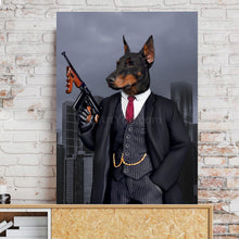 Load image into Gallery viewer, Portrait of a dog dressed in black gangster clothes with a weapon stands on a wooden shelf near a brick wall
