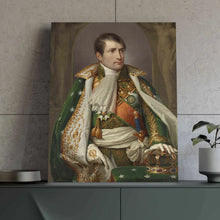 Load image into Gallery viewer, On the table against the background of a gray wall is a portrait of a man dressed in a green Napoleon costume