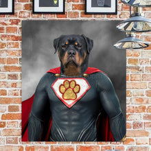 Load image into Gallery viewer, Portrait of a dog with a human body dressed in superhero clothes hangs on a brick wall near two light bulbs