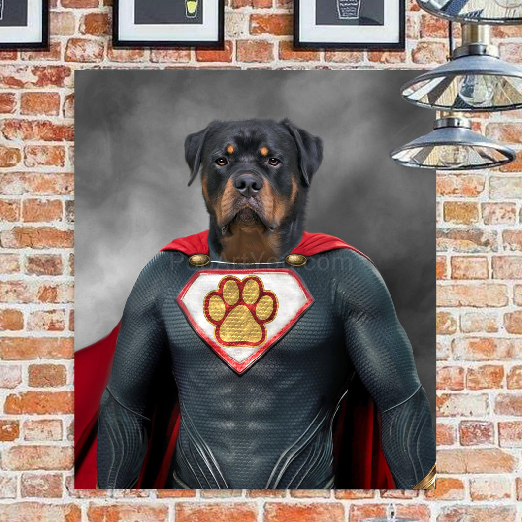 Portrait of a dog with a human body dressed in superhero clothes hangs on a brick wall near two light bulbs