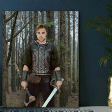 Load image into Gallery viewer, A portrait of a man dressed in a Viking costume standing in the forest stands on the floor
