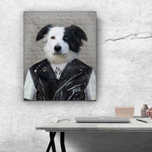 Load image into Gallery viewer, Portrait of a dog with a human body dressed in hooligan clothes hangs on a gray wall above a work table