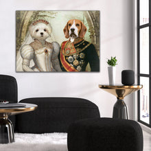 Load image into Gallery viewer, Wedding portrait of two dogs hanging on a white wall near a black armchair