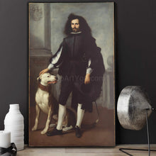 Load image into Gallery viewer, A portrait of a man with long hair dressed in historical royal clothes stands on the table next to a white bottle