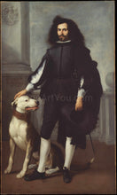Load image into Gallery viewer, The portrait shows a man with long hair standing next to a dog dressed in renaissance regal attire