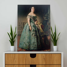Load image into Gallery viewer, Portrait of a woman with dark hair dressed in green royal clothes stands on a white table