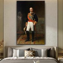 Load image into Gallery viewer, A portrait of a man dressed in renaissance regal attire hangs on the wall above the bed