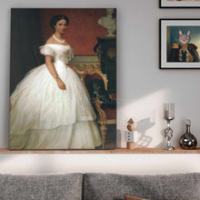 Load image into Gallery viewer, Portrait of a woman with dark hair dressed in a white royal dress standing with her dog standing on a wooden shelf above the bed