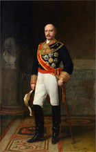 Load image into Gallery viewer, The portrait shows an elderly man standing next to the statue dressed in historical royal clothes