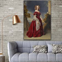 Load image into Gallery viewer, Portrait of a woman with dark hair wearing red regal attire hangs on a gray brick wall above the sofa