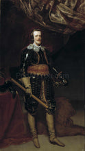 Load image into Gallery viewer, The portrait shows a man standing near a red table dressed in renaissance regal attire
