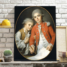 Load image into Gallery viewer, Portrait of two boys with gray hair dressed in historical regal attires stands on a wooden shelf against a background of a white brick wall