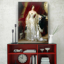 Load image into Gallery viewer, Portrait of a woman with dark hair dressed in white regal attire stands on a black table next to the clock