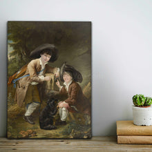 Load image into Gallery viewer, Portrait of two boys dressed in historical royal clothes with hats standing on a wooden floor near a cactus