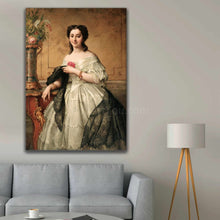 Load image into Gallery viewer, Portrait of a woman with dark hair wearing a white royal dress hangs on a white wall above the sofa