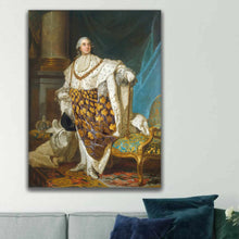 Load image into Gallery viewer, A portrait of a man dressed in historical royal clothes hangs on a white wall above a gray sofa