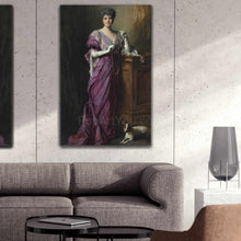 Load image into Gallery viewer, Portrait of an elderly woman with gray hair dressed in historical royal clothes hangs on a white wall above the sofa