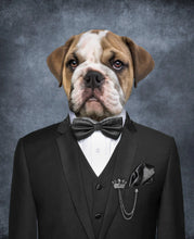 Load image into Gallery viewer, The portrait shows a dog dressed in a black suit with a white shirt