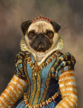 Load image into Gallery viewer, The portrait depicts a female dog with a human body dressed in a golden royal dress with a crown and ornaments
